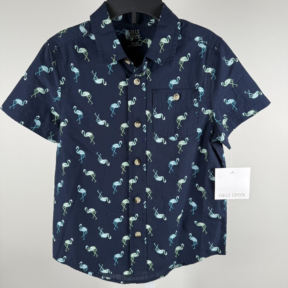 Falls Creek Boys Button Up Short Sleeve XS 5 Shirt Flamingos‎ Navy Blue